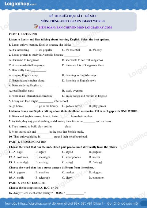 Đề thi giữa kì 1 Tiếng Anh 9 iLearn Smart World - Đề số 6
